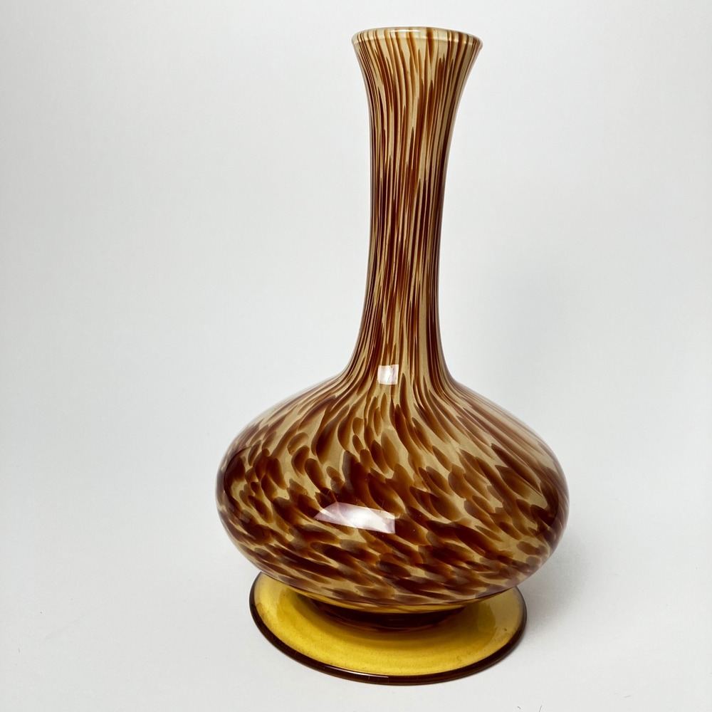 Vintage Italian Art Glass Vase - Amber Tortoise Swirl, White Cristal Style 7.5"